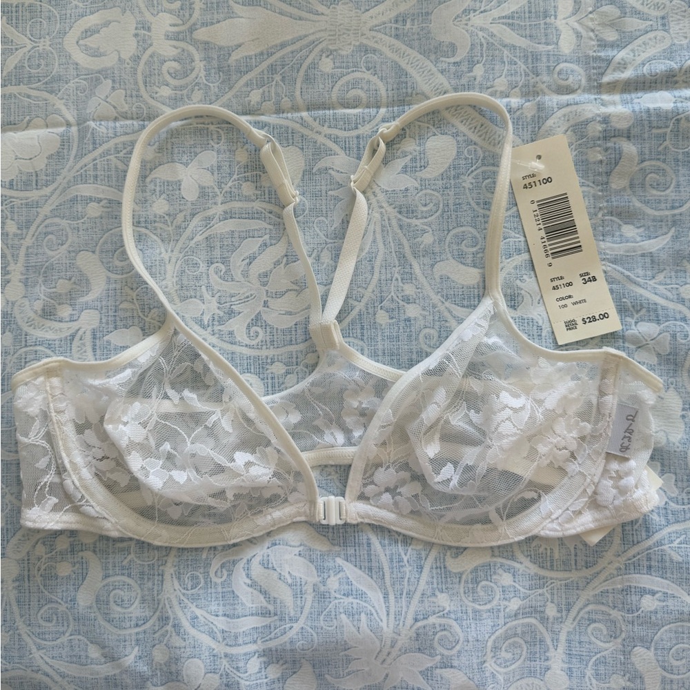 NWT DKNY White Floral Lace Racer Back Underwire Bra with front closure Size 34B